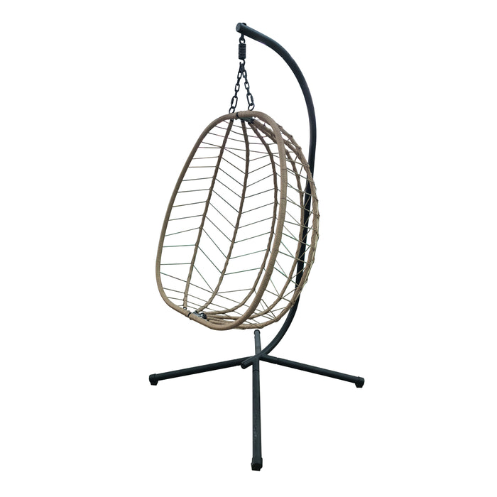 Seitliche Ansicht des SVITA Shelly Hängesessels mit naturfarbenem Polyrattan und schwarzem Metallgestell