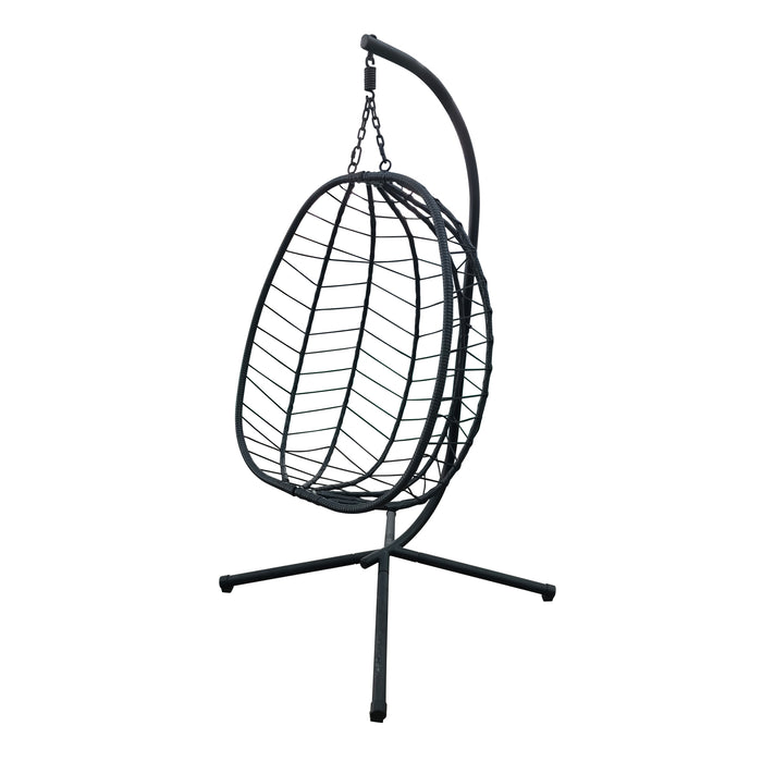 Seitliche Ansicht des SVITA Shelly Hängesessels aus grauem Polyrattan und schwarzem Metallgestell