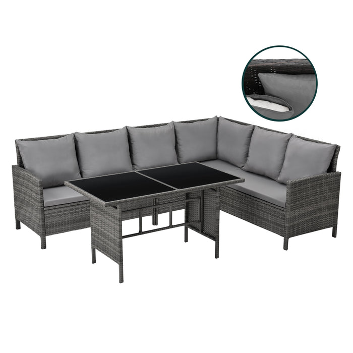 Eck-Gartenlounge aus grauem Polyrattan mit grauen Polsterkissen und schwarzem Glastisch, Detail zeigt abnehmbare Kissenbezüge