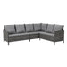 Ecksofa aus grauem Polyrattan mit grauen Sitz- und Rückenkissen, modernes Design