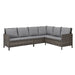 Ecksofa aus braunem Polyrattan mit grauen Sitz- und Rückenkissen, modernes Design