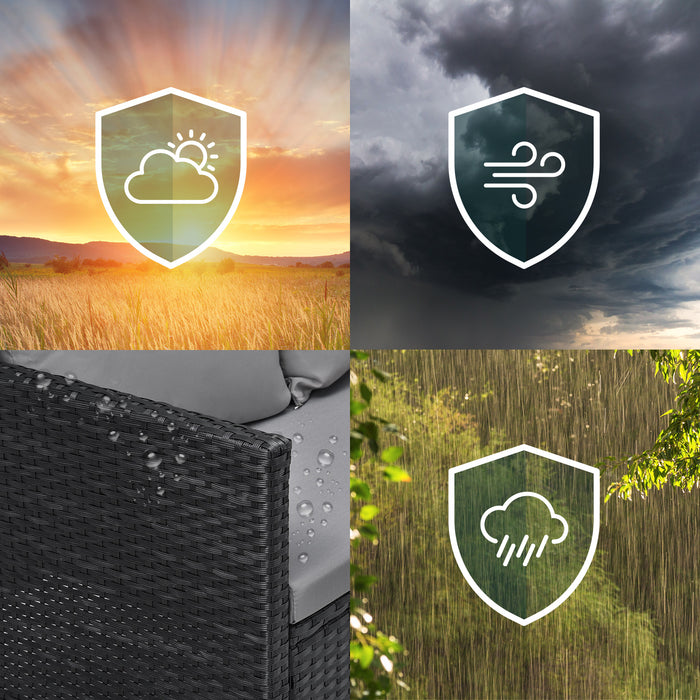 Vierteilige Collage mit Wettersymbolen: Sonnig bei Sonnenuntergang, windig unter dunklen Wolken, wasserabweisendes Möbelstück mit Regentropfen, Regen bei grünem Laub.