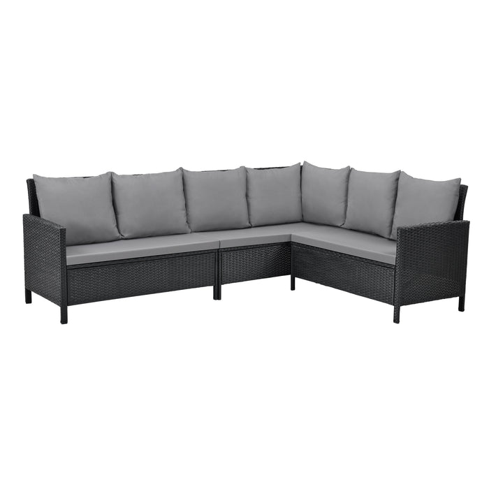 Eck-Lounge-Sofa aus schwarzem Polyrattan mit grauen Sitz- und Rückenkissen