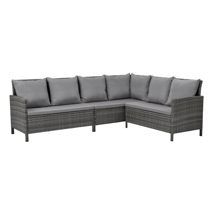 Ecksofa aus grauem Polyrattan mit grauen Sitz- und Rückenkissen, modernes Design für den Außenbereich