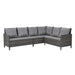 Ecksofa aus grauem Polyrattan mit grauen Sitz- und Rückenkissen, modernes Design für den Außenbereich