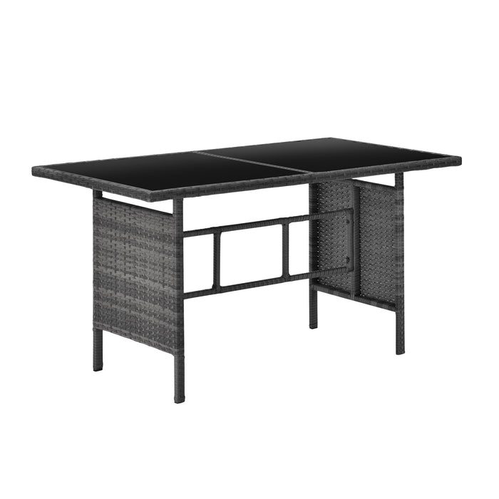 Schwarzer rechteckiger Gartentisch aus Polyrattan mit Glasplatte und vier Beinen
