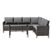 Eck-Gartenlounge aus grauem Polyrattan mit grauen Polstern und rechteckigem Glastisch