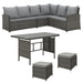Ecklounge aus Polyrattan in Grau mit Tisch und Hockern, wetterfestes Gartenmöbel-Set für Balkon, Terrasse oder Outdoor-Bereich.