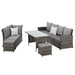 Gartenmöbel-Set angeordnet als ein Zweier- und ein Dreiersofa mit Tisch und Hocker.