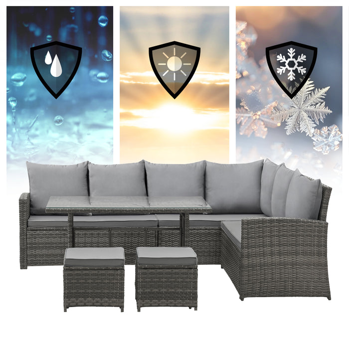 Drei Bilder zeigen Wettersymbole in Schutzschilden: Regen, Sonne und Frost - Darunter steht das graue Gartenmöbel-Set aus Polyrattan