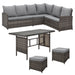 Ecklounge aus Polyrattan in Braun mit Tisch und Hockern, wetterfestes Gartenmöbel-Set für Balkon, Terrasse oder Outdoor-Bereich.