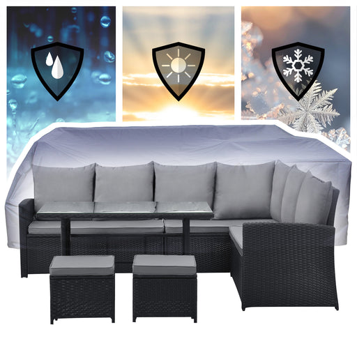 Drei Bilder zeigen Wettersymbole in Schutzschilden: Regen, Sonne und Frost - Darunter steht das schwarze Gartenmöbel-Set aus Polyrattan mit Abdeckhaube