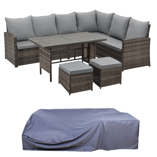 Ecklounge aus Polyrattan in Braun mit Tisch und Hockern, darunter eine passende graue Abdeckplane