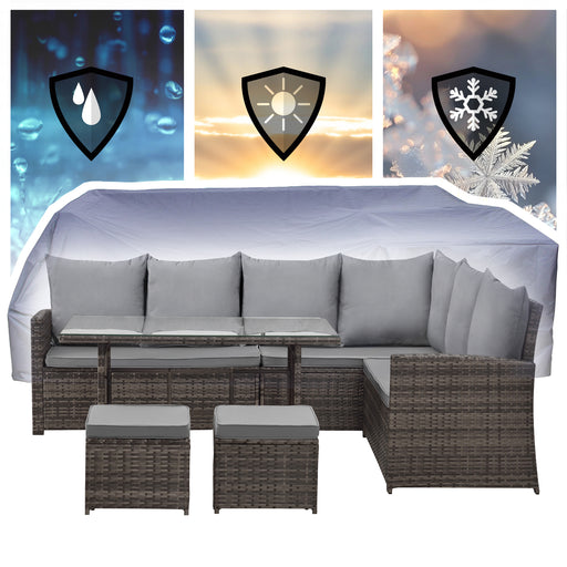 Drei Bilder zeigen Wettersymbole in Schutzschilden: Regen, Sonne und Frost - Darunter steht das braune Gartenmöbel-Set aus Polyrattan mit Abdeckhaube