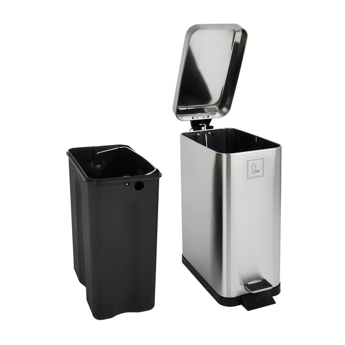 Silberner Edelstahl Mülleimer SVITA STM10 mit geöffnetem Deckel und schwarzem Inneneimer, rechteckig, 10 Liter