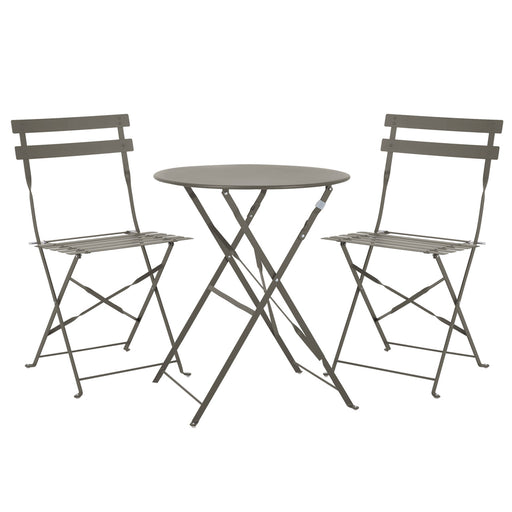 Kleines Metall-Bistro-Set mit rundem Tisch und zwei Klappstühlen in taupe