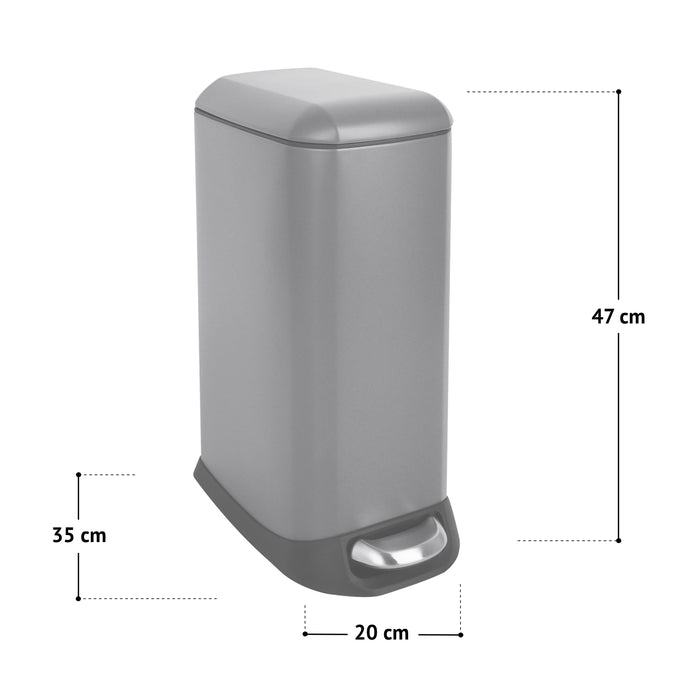 Grauer rechteckiger Mülleimer mit Fußpedal, 47 cm hoch, 35 cm tief, 20 cm breit