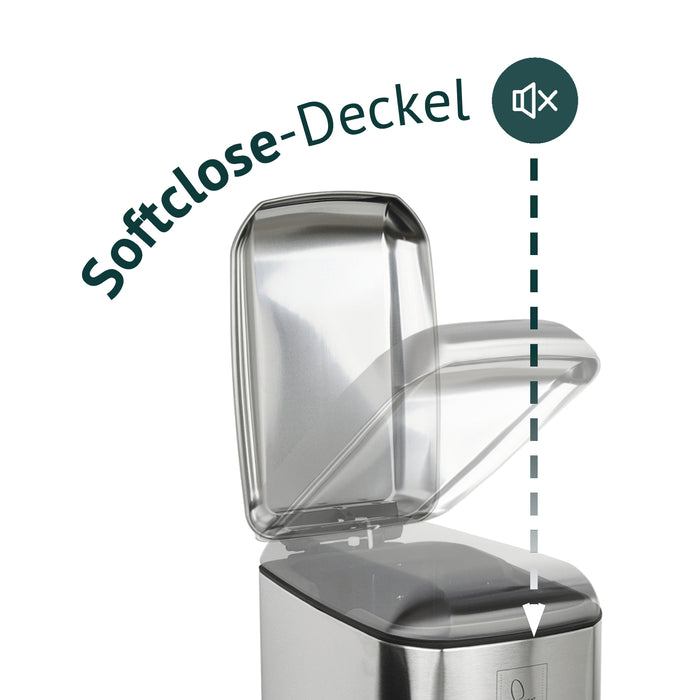 Infografik zum Softclosedeckel eines silbernen Mülleimers
