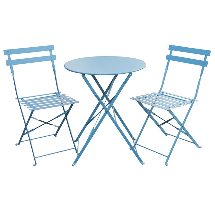 Kleines Metall-Bistro-Set mit rundem Tisch und zwei Klappstühlen in blau