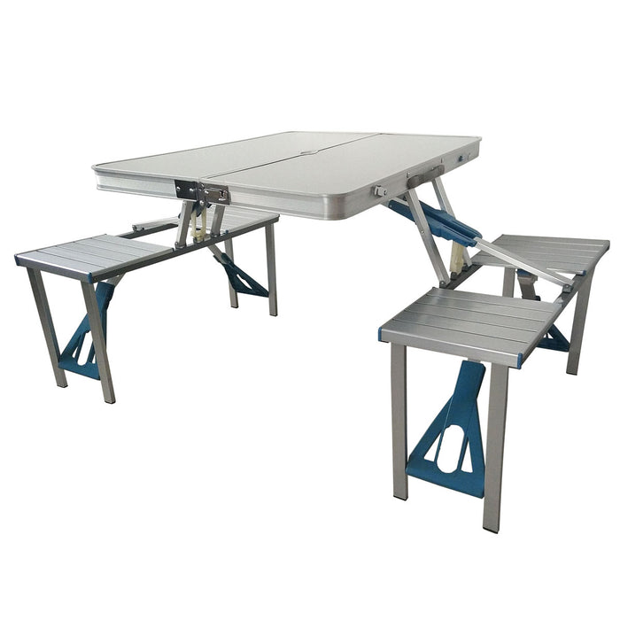 Klappbarer Picknicktisch aus Aluminium mit vier integrierten Sitzbänken, silberfarben mit blauen Verstärkungen