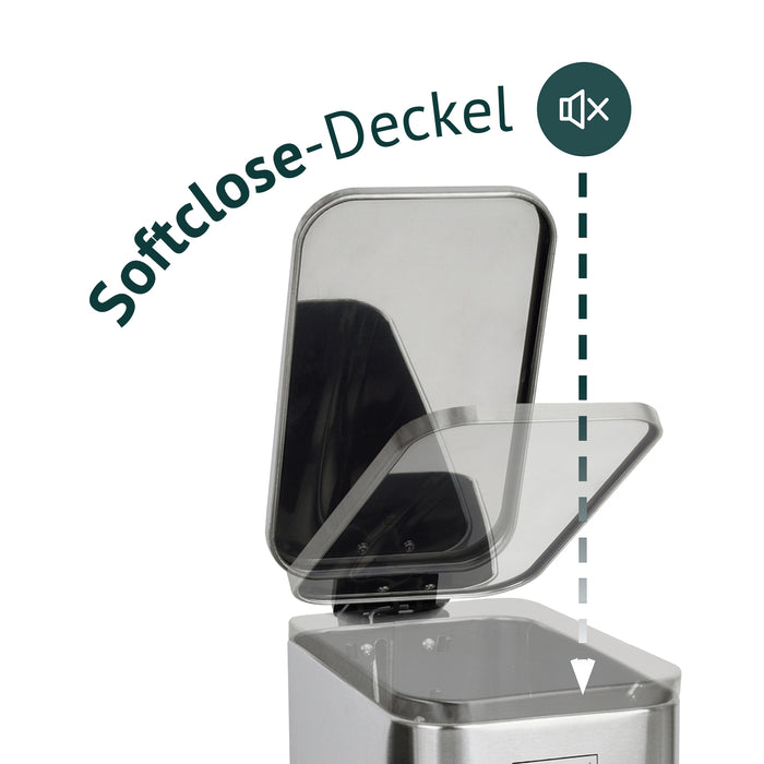 Silberner rechteckiger Mülleimer mit geöffnetem Deckel, Illustration Softclose-Deckel