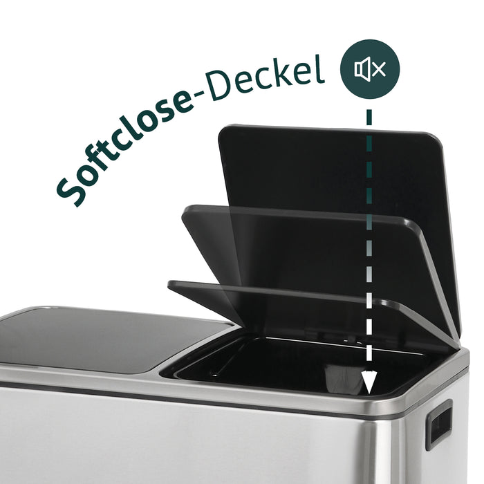 Silberner Mülleimer mit schwarzen Deckeln, Illustration zum Softclose-Deckel