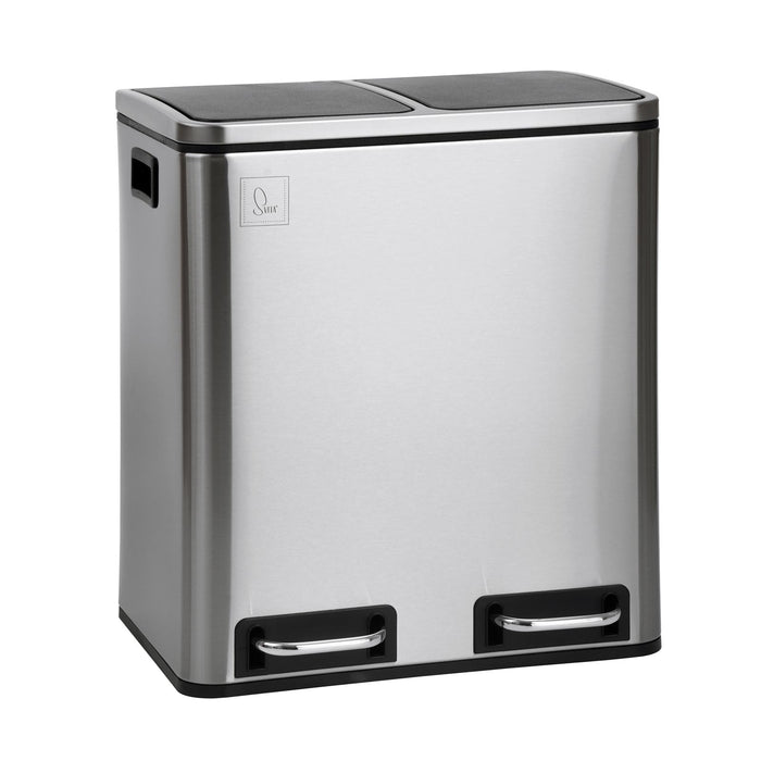 Doppelter Edelstahl-Mülleimer mit zwei Fußpedalen und schwarzen Kunststoffdeckeln