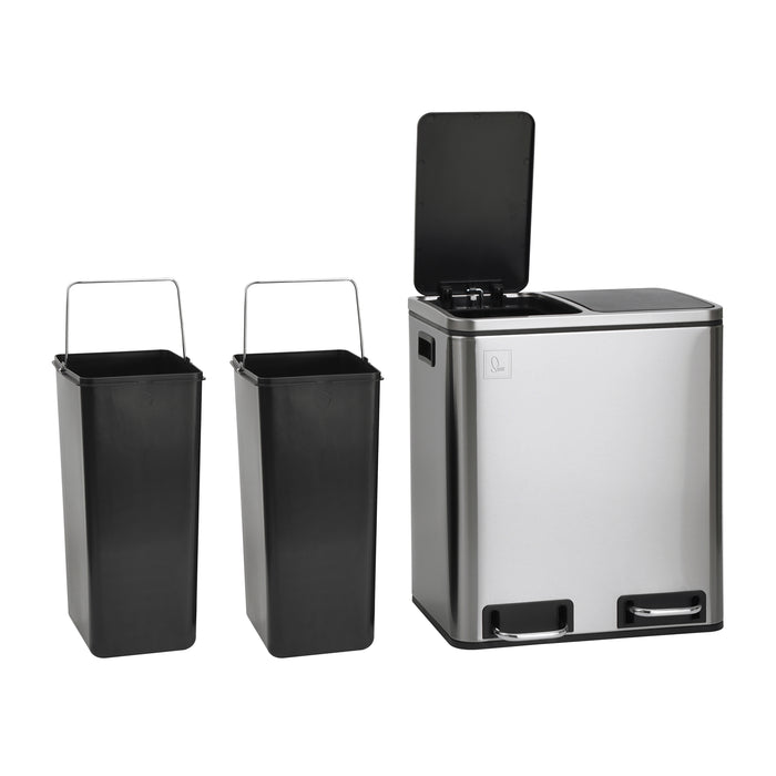 Dreiteiliger Abfallsammler mit zwei schwarzen Inneneimern und einem silbernen Metallbehälter mit geöffnetem Deckel und zwei Fußpedalen