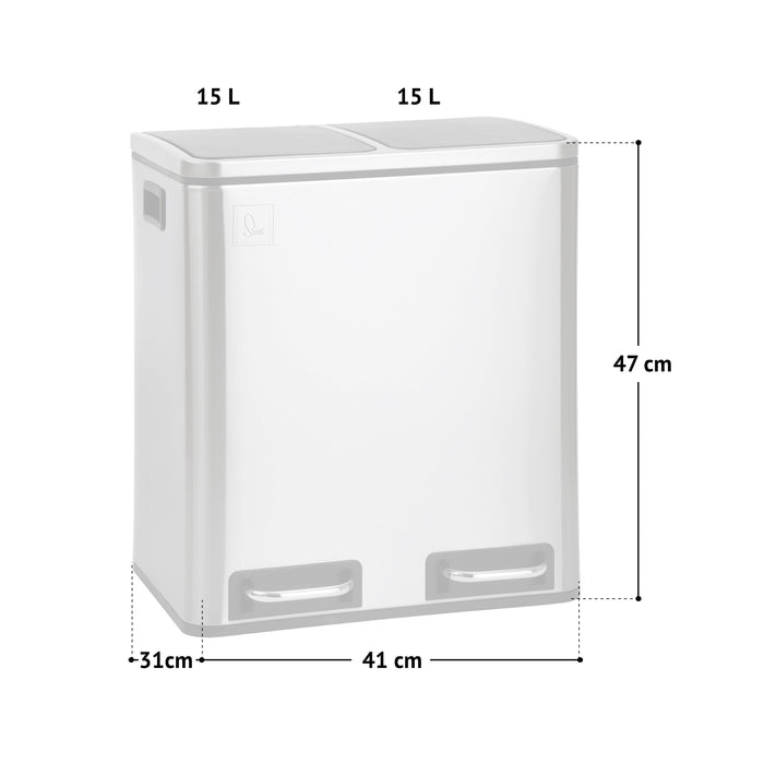 Silberner Abfalleimer mit zwei Fächern, jeweils 15 Liter, Maße 41x31x47 cm, mit zwei Fußpedalen
