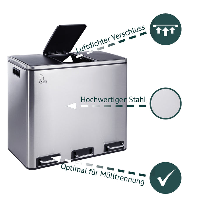 SVITA TM2X30L 3-fach Mülltrennsystem in Edelstahl, Illustration Hinweise luftdichter Verschluss, hochwertiges Material, optimal für Mülltrennung