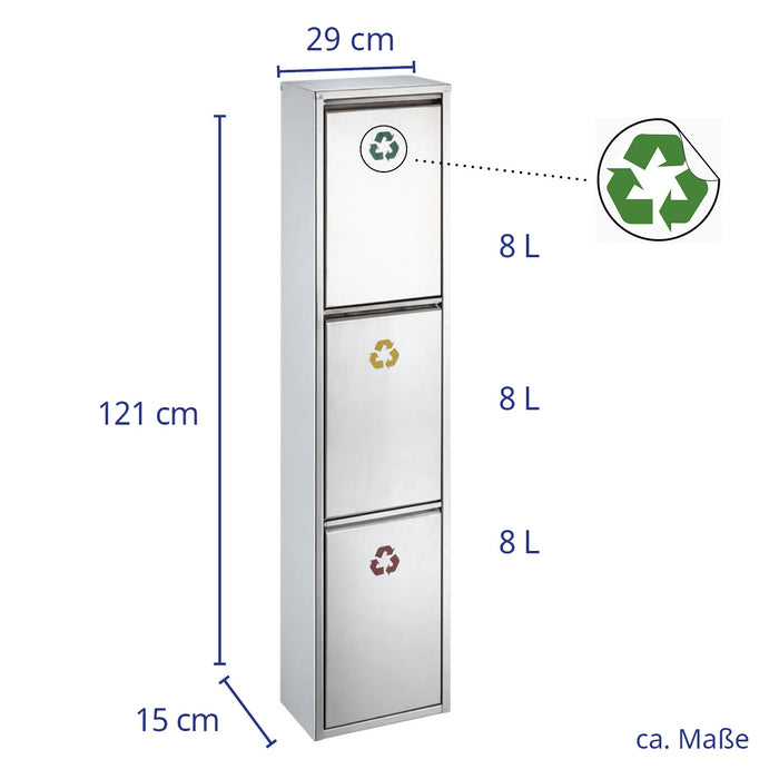 Dreiteiliger Mülltrennbehälter aus Metall, 121 cm hoch, 29 cm breit, 15 cm tief, mit jeweils 8 Liter Fassungsvermögen und Recycling-Symbolen in Grün, Gelb und Braun