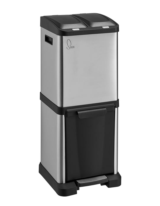 SVITA 3XCOMBO32 silberner Mülleimer 32L mit zwei 8 Liter Müllbehältern oben und einem ausklappbaren 16 Liter Müllbehälter unten