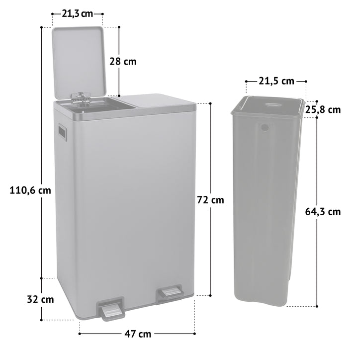 Grafik zu dem Maßen des SVITA-Mülleimers tmh2x30, unter anderem Höhe 72 cm, Breite 47 cm, Tiefe 32 cm