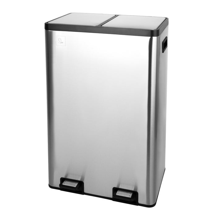 Silberner, rechteckiger Mülleimer mit zwei getrennten Fächern und je einem Fußpedal, seitliche Griffe sichtbar.