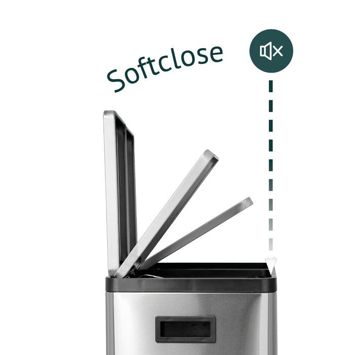 Silberner rechteckiger Mülleimer mit offenem Deckel in drei Positionen, Schriftzug 'Softclose' und Lautlos-Symbol.