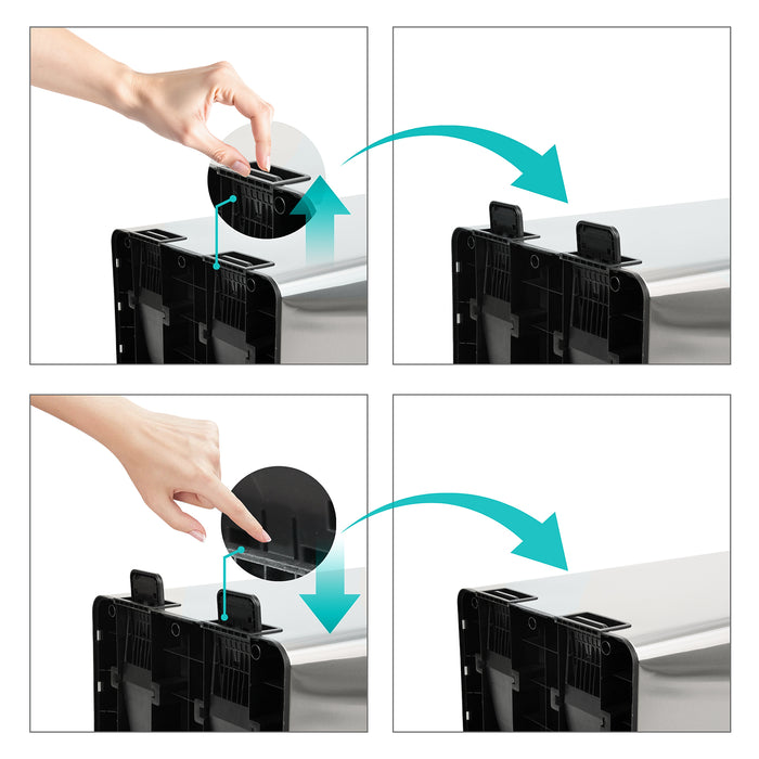 Vierteilige Abfolge zeigt Hand, welche darstellt, wie die Fußpedale ein- und ausgeklappt werden können. 