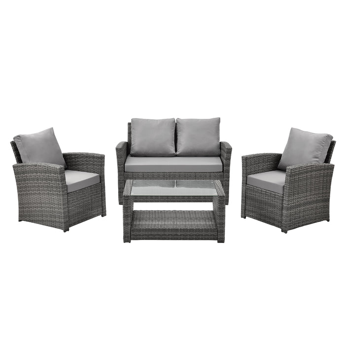 Gartenmöbel-Set aus grauem Polyrattan mit zwei Sesseln, einem Sofa und einem Glastisch mit Ablage