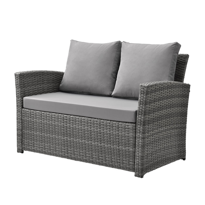 Zweisitziges Garten-Sofa aus grauem Polyrattan mit grauen Sitz- und Rückenkissen