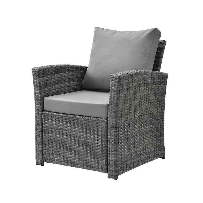 Gartenstuhl aus grauem Polyrattan mit grauem Sitz- und Rückenkissen