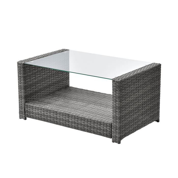 Rechteckiger Gartentisch aus grauem Rattan mit Glasplatte und Ablagefläche darunter