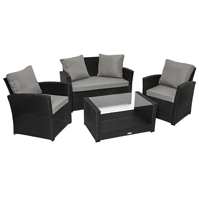 Gartenmöbel-Set aus schwarzem Polyrattan mit zwei Sesseln, einem Sofa und einem Glastisch mit Ablage