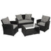 Gartenmöbel-Set aus schwarzem Polyrattan mit zwei Sesseln, einem Sofa und einem Glastisch mit Ablage