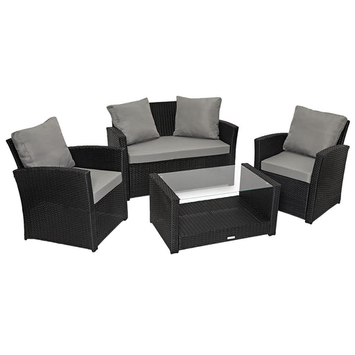 Gartenmöbel-Set aus schwarzem Polyrattan mit zwei Sesseln, einem Sofa und einem Glastisch mit Ablage