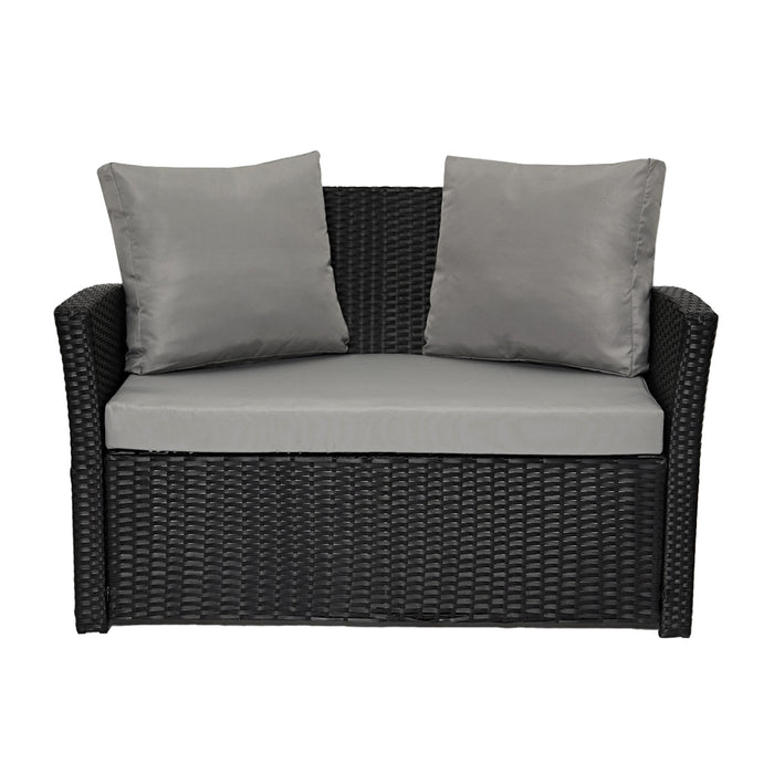Zweisitzer Garten-Sofa aus schwarzen Polyrattan mit grauen Sitz- und Rückenkissen