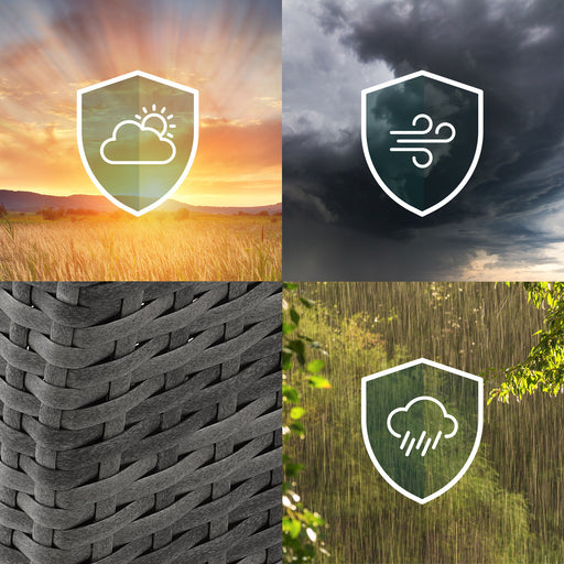 Vierteilige Collage mit Wettersymbolen: Sonne hinter Wolken bei Sonnenuntergang, Wind bei dunklen Wolken, geflochtenes Polyrattan in Schwarz, Regen bei grünem Laub