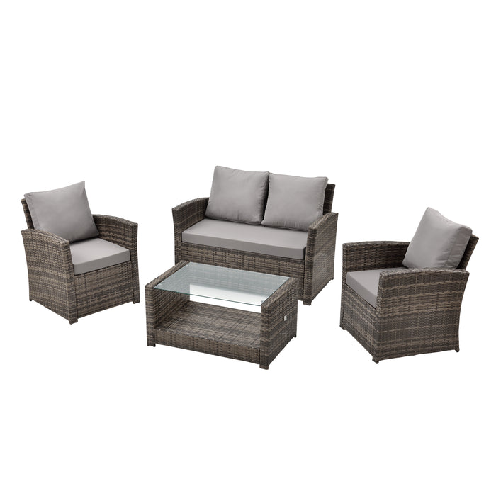 Gartenmöbel-Set mit grauen Polstern aus braunem Polyrattan mit zwei Sesseln, einem Sofa und einem Glastisch mit Ablage