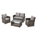 Gartenmöbel-Set mit grauen Polstern aus braunem Polyrattan mit zwei Sesseln, einem Sofa und einem Glastisch mit Ablage
