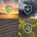 Vierteilige Collage mit Wettersymbolen: Sonne hinter Wolken bei Sonnenuntergang, Wind bei dunklen Wolken, geflochtenes Polyrattan in Braun, Regen bei grünem Laub