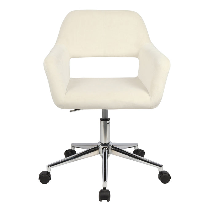 Bürostuhl mit gepolsterter Rückenlehne mit einer Aussparung im unteren Bereich, gepolsterten Armlehnen und verchromtem Fußkreuz mit Rollen - Bezug Samt beige Frontalansicht