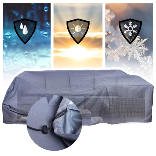 Grau transparente Abdeckhaube für Gartenmöbel mit Kordelzug, Symbole für Wasser-, Sonnen- und Frostschutz